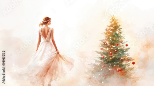 Light and airy watercolor with woman in flowing dress by Christmas tree, gentle colors creating festive holiday calm. Christmas, New Year's Eve