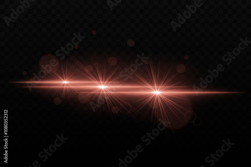 Bright red neon light with glare and lens flare effects. Three focused light beams with radiant glow and bokeh particles on a dark background