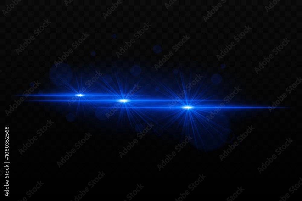 Bright blue neon light with glare and lens flare effects. Three focused light beams with radiant glow and bokeh particles on a dark background Bright blue neon light with glare and lens flare effects. Three focused light beams with radiant glow and bokeh particles on a dark background