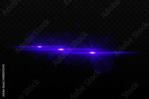 Bright blue neon light with glare and lens flare effects. Three focused light beams with radiant glow and bokeh particles on a dark background