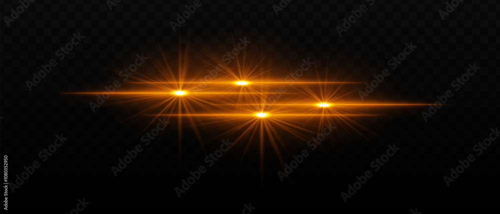 Bright gold light beams with star-like bursts and radiant glow. Horizontal light streaks and glare on dark background, creating a vibrant illumination effect Bright gold light beams with star-like bursts and radiant glow. Horizontal light streaks and glare on dark background, creating a vibrant illumination effect