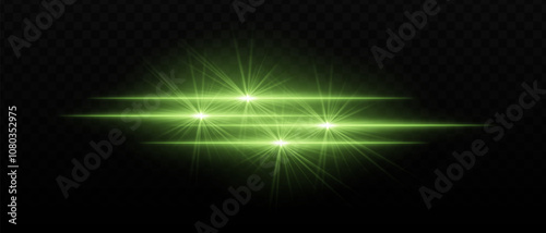 Bright green light beams with star-like bursts and radiant glow. Horizontal light streaks and glare on dark background, creating a vibrant illumination effect