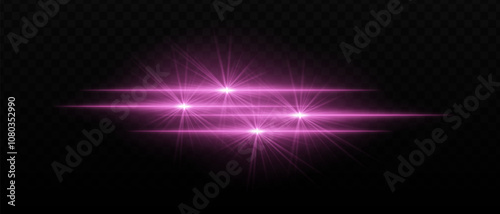 Bright purple light beams with star-like bursts and radiant glow. Horizontal light streaks and glare on dark background, creating a vibrant illumination effect