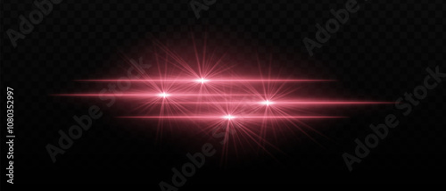 Bright red light beams with star-like bursts and radiant glow. Horizontal light streaks and glare on dark background, creating a vibrant illumination effect