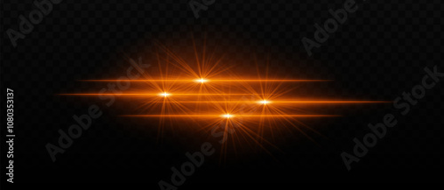 Bright gold light beams with star-like bursts and radiant glow. Horizontal light streaks and glare on dark background, creating a vibrant illumination effect