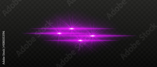 Bright purple light beams with star-like bursts and radiant glow. Horizontal light streaks and glare on dark background, creating a vibrant illumination effect
