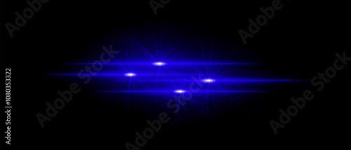 Bright blue light beams with star-like bursts and radiant glow. Horizontal light streaks and glare on dark background, creating a vibrant illumination effect