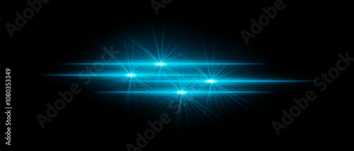 Bright blue light beams with star-like bursts and radiant glow. Horizontal light streaks and glare on dark background, creating a vibrant illumination effect