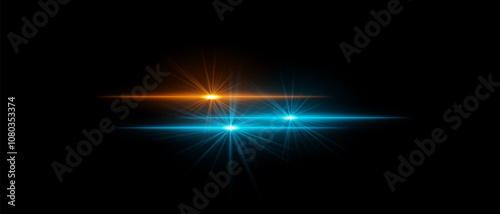 Orange and blue light beams with star-like bursts and radiant glow. Horizontal streaks create intense illumination and contrasting colors on a dark background