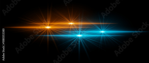 Orange and blue light beams with star-like bursts and radiant glow. Horizontal streaks create intense illumination and contrasting colors on a dark background