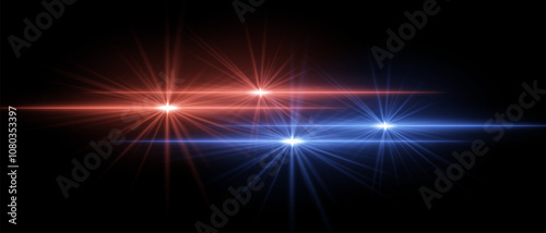 Red and blue light beams with star-like bursts and radiant glow. Horizontal streaks create intense illumination and contrasting colors on a dark background