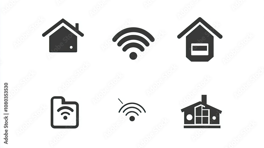 Icon Set Featuring House Symbols, Wi-Fi Signals, and Connectivity Emblems for Digital Communication, Home Networks, and Modern Living Concepts Icon Set Featuring House Symbols, Wi-Fi Signals, and Connectivity Emblems for Digital Communication, Home Networks, and Modern Living Concepts