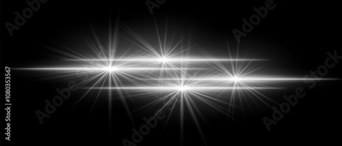 White light beams with star-like bursts and radiant glow. Horizontal streaks create intense illumination and contrasting colors on a dark background
