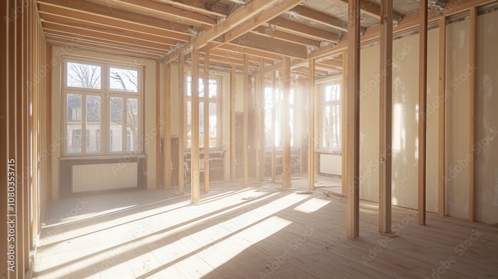 Empty room with wooden framing and sunlight. This image showcases the interior of a house under construction, ideal for representing renovation projects. Empty room with wooden framing and sunlight. This image showcases the interior of a house under construction, ideal for representing renovation projects.