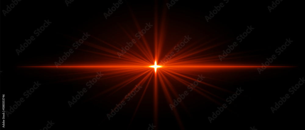 Bright red light burst with star-shaped rays and a strong horizontal beam. Intense glow and illumination on a dark background Bright red light burst with star-shaped rays and a strong horizontal beam. Intense glow and illumination on a dark background