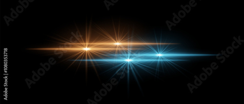 Orange and blue light beams with star-like bursts and radiant glow. Horizontal streaks create intense illumination and contrasting colors on a dark background