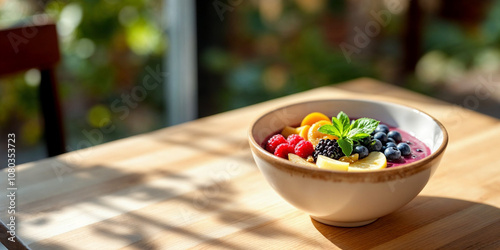 Concept photo of a acai bowl on light wooden table with space for text