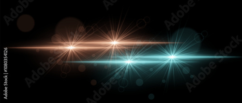 Orange and blue light beams with star-like bursts and radiant glow. Horizontal streaks create intense illumination and contrasting colors on a dark background