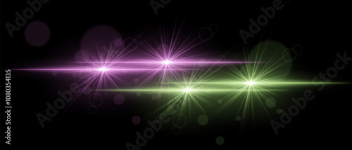 Pink and green light beams with star-like bursts and radiant glow. Horizontal streaks create intense illumination and contrasting colors on a dark background
