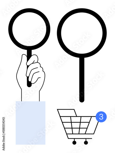 Hand holding magnifying glass, second hanging magnifying glass, shopping cart with notification bubble 3. Ideal for e-commerce, analysis, shopping, search, investigation, magnification and online