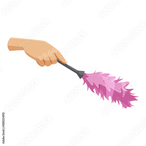 A hand gripping a pink duster, showcasing a cleaning tool, minimalistic style, on a white background. Vector illustration