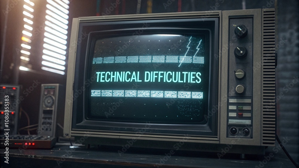 An error message on a high-tech device screen showing 'Technical Difficulties,' with glitching static and white noise effects An error message on a high-tech device screen showing 'Technical Difficulties,' with glitching static and white noise effects