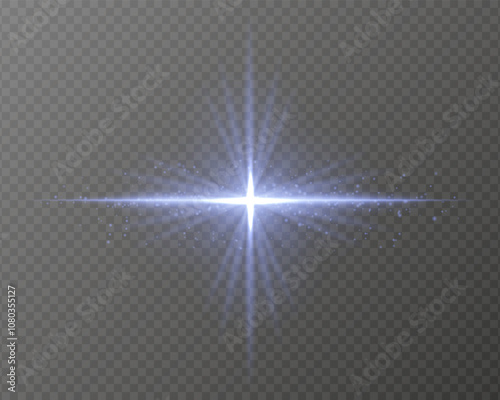 Bright blue light burst with star-shaped rays, sparkling particles, and a horizontal glow on a transparent background. Ideal for adding a radiant flash or glare effect