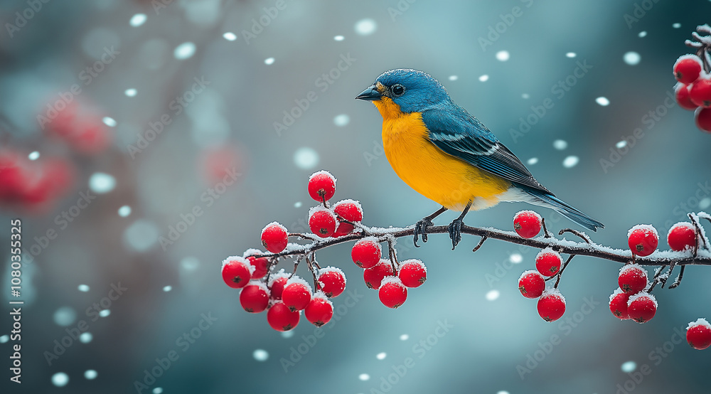 Fototapeta premium Colorful bird perched on hawthorn branch with red berries in winter snowfall. Winter scene with beautiful little blue and yellow finch sitting among falling white flurries, standin