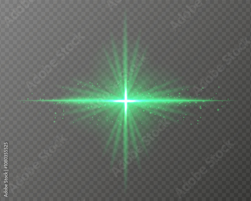 Bright green light burst with star-shaped rays, sparkling particles, and a horizontal glow on a transparent background. Ideal for adding a radiant flash or glare effect