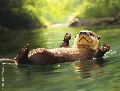 A playful otter floating on its back in a river, holding a pebble while basking in the sun. An otter enjoying a leisurely day.