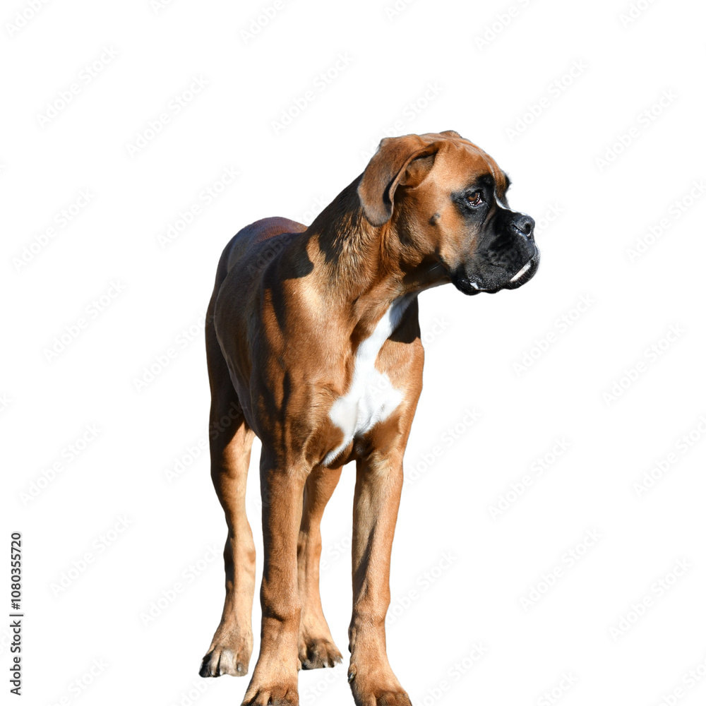Front view of a cute standing german boxer dog looking on its left isolated on white background. Front view of a cute standing german boxer dog looking on its left isolated on white background.