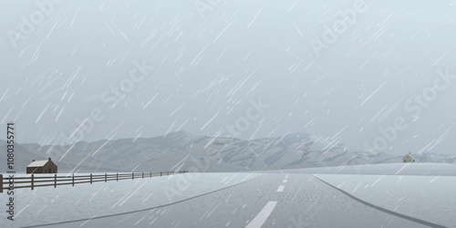 Countryside landscape in rainy day have mountain ranges and dusk sky background graphic illustration.