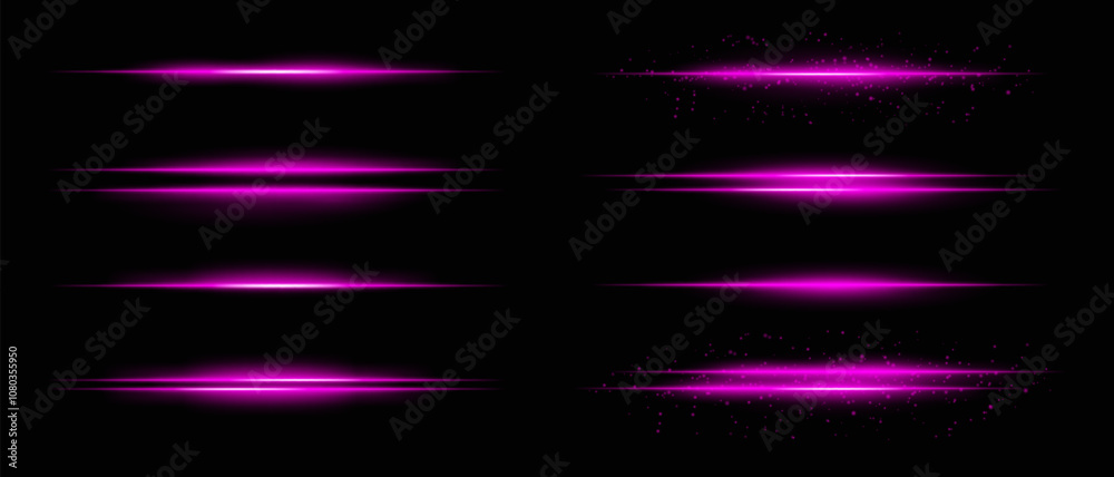 Collection of purple horizontal light beams with glow, sparkles, and subtle particle effects. Radiant lines and glare on a dark background, ideal for adding highlight and intensity