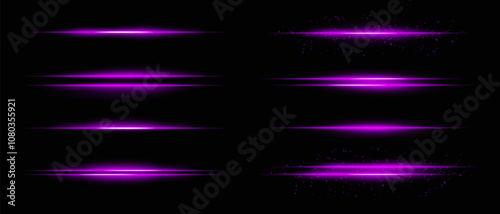 Collection of purple horizontal light beams with glow, sparkles, and subtle particle effects. Radiant lines and glare on a dark background, ideal for adding highlight and intensity