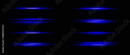 Collection of blue horizontal light beams with glow, sparkles, and subtle particle effects. Radiant lines and glare on a dark background, ideal for adding highlight and intensity