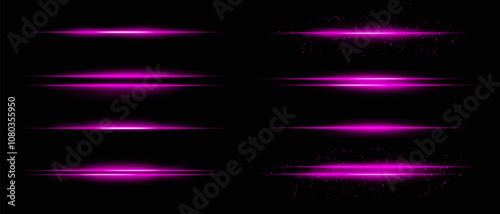 Collection of purple horizontal light beams with glow, sparkles, and subtle particle effects. Radiant lines and glare on a dark background, ideal for adding highlight and intensity