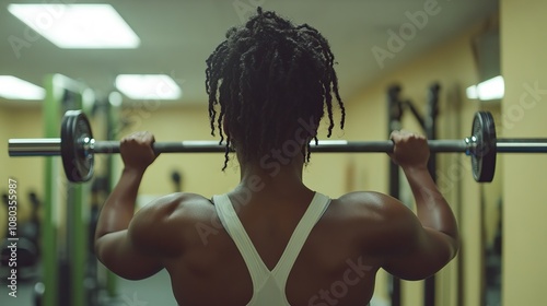 A woman is engaged in strength training, lifting weights in a gym during her workout routine, emphasizing fitness and athleticism