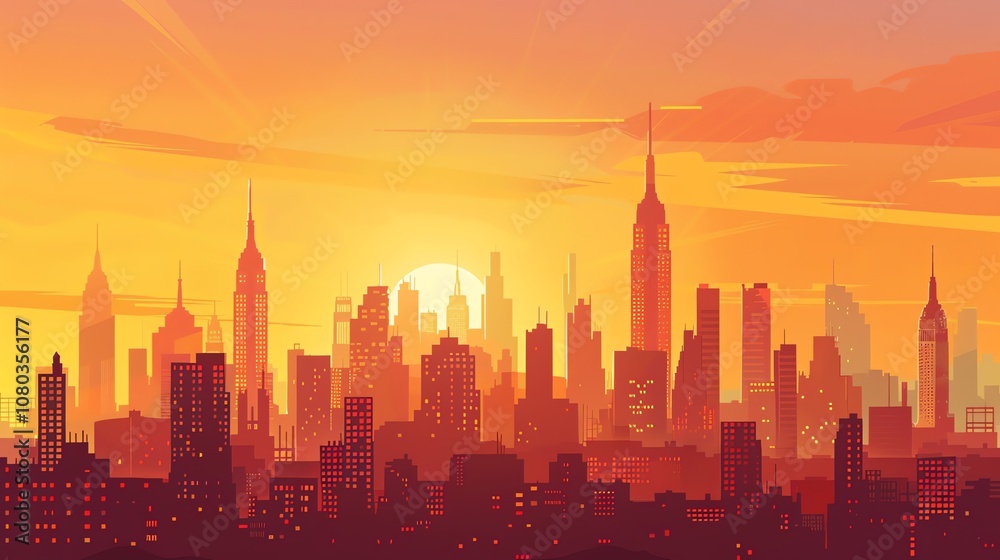 A cityscape silhouette with an orange sunset.