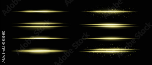 Collection of golden horizontal light beams with glow, sparkles, and subtle particle effects. Radiant lines and glare on a dark background, ideal for adding highlight and intensity