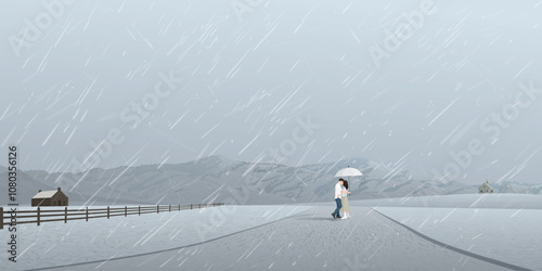 Countryside landscape in rainy day with couple of lover kissing under umbrella have mountain ranges and dusk sky background.