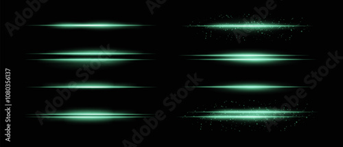 Collection of green horizontal light beams with glow, sparkles, and subtle particle effects. Radiant lines and glare on a dark background, ideal for adding highlight and intensity