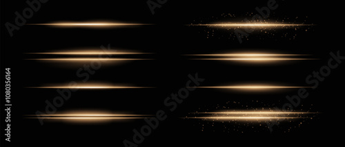 Collection of golden horizontal light beams with glow, sparkles, and subtle particle effects. Radiant lines and glare on a dark background, ideal for adding highlight and intensity