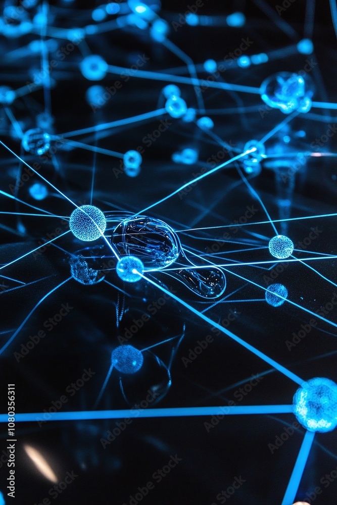 Obraz premium Abstract illustration of interconnected glowing spheres and lines, representing data networks, technology advancements, and digital communications on a dark background.