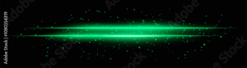 Intense green horizontal light beams with glowing particles and sparkle effects. Bright radiant lines on a dark background, ideal for adding dramatic highlights