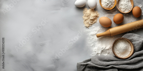  Baking background at light white stone table, flour and sugar and eggs and rolling pin and modenr baking towel around the sides, top view with copy space, photo