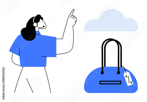 Woman with headset pointing to cloud above handbag with price tag. Ideal for e-commerce, customer service, cloud storage, inventory management, online shopping, retail logistics, virtual assistance