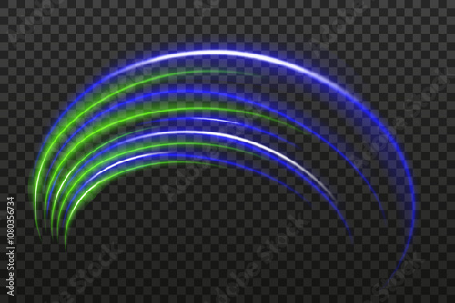 Green and blue light glare beams with a sharp curved reflection. Sci-fi designs, light transitions, and futuristic effects. Glowing neon streaks and dynamic shine on transparent background