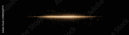 Intense gold horizontal light beam with glowing particles and soft sparkle effects. Bright radiant line on a dark background, ideal for adding a futuristic glow