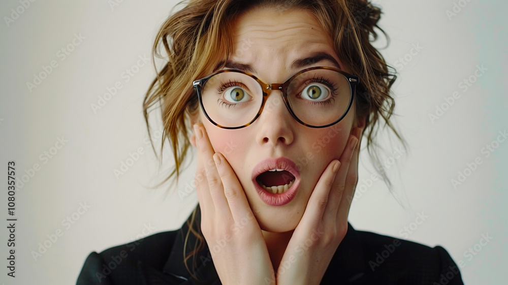 Young woman wearing tortoiseshell glasses with a surprised, wide-eyed expression, hands framing her face, casual tousled hairstyle, wearing a dark blazer against a neutral background Young woman wearing tortoiseshell glasses with a surprised, wide-eyed expression, hands framing her face, casual tousled hairstyle, wearing a dark blazer against a neutral background
