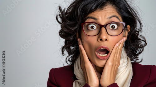 Woman with curly dark hair wearing red glasses and a burgundy blazer, expressing shock with wide eyes, hands on her cheeks, and an open mouth, accessorized with a light scarf